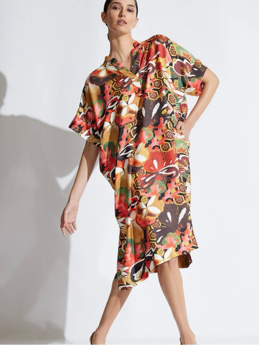 Natori Women’s Ikebana Printed Cotton Silk Blend Caftan Dress Sz M Maximalist